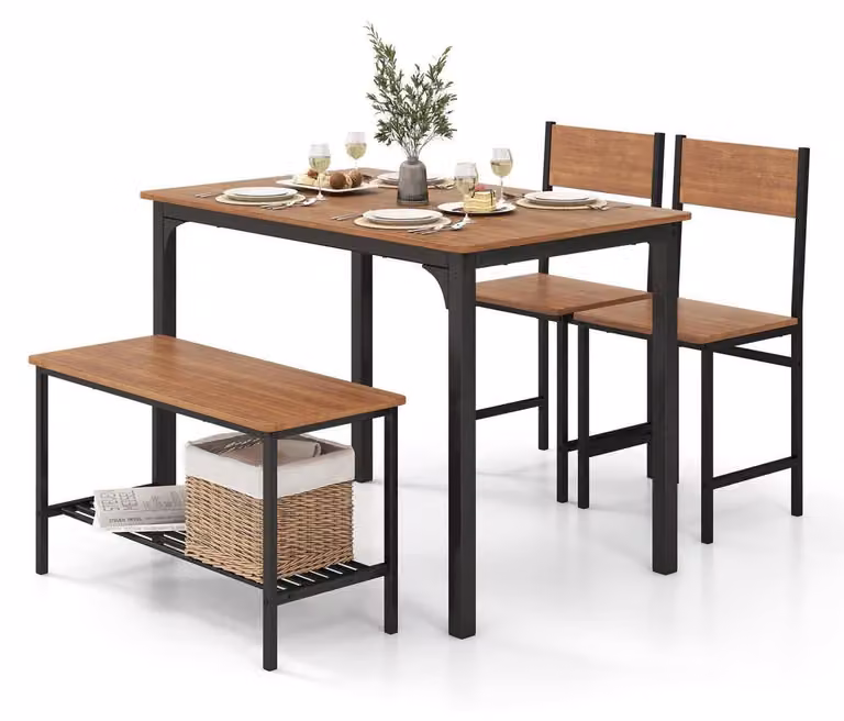 Set da pranzo composto da tavolo, 2 sedie e una panca, scaffale portaoggetti, struttura in metallo, design industriale, colore marrone