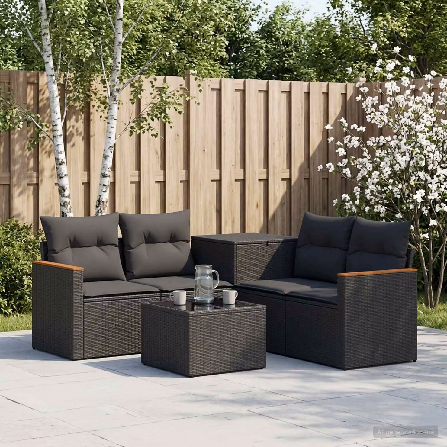 Set di divani da giardino vidaXL a forma di L composto da 6 pezzi con tavolino da caffè, in rattan sintetico e metallo, colore nero e grigio