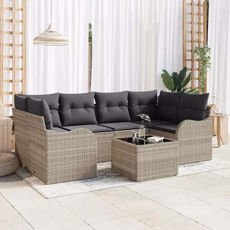 Set Divano da Giardino vidaXL a Forma di L in 7 Pezzi con Tavolino, Grigio, con Cuscini e Struttura in Acciaio Verniciato a Polvere