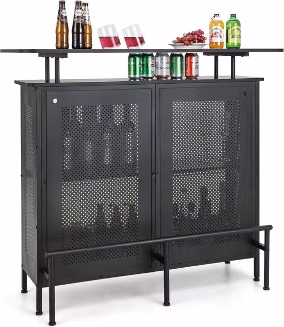 Mobile bancone bar a 4 livelli con 6 portabicchieri e poggiapiedi in metallo per casa e cucina, nero, robusto e moderno