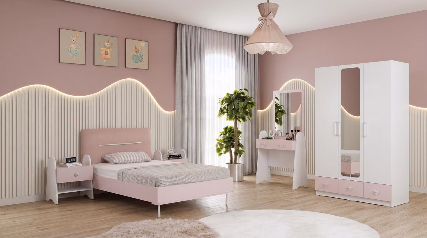 Camera da letto per adolescenti, colore bianco-rosa, composta da letto, armadio, comò, tavolino da trucco e comodini, adatta per ragazze