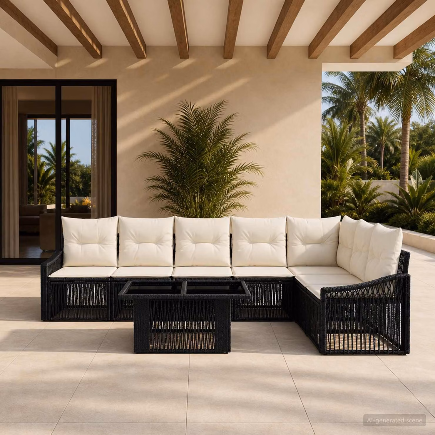 Set Divano da Giardino vidaXL 8 pz in Polyrattan Nero e Bianco Crema con Cuscini e Tavolino