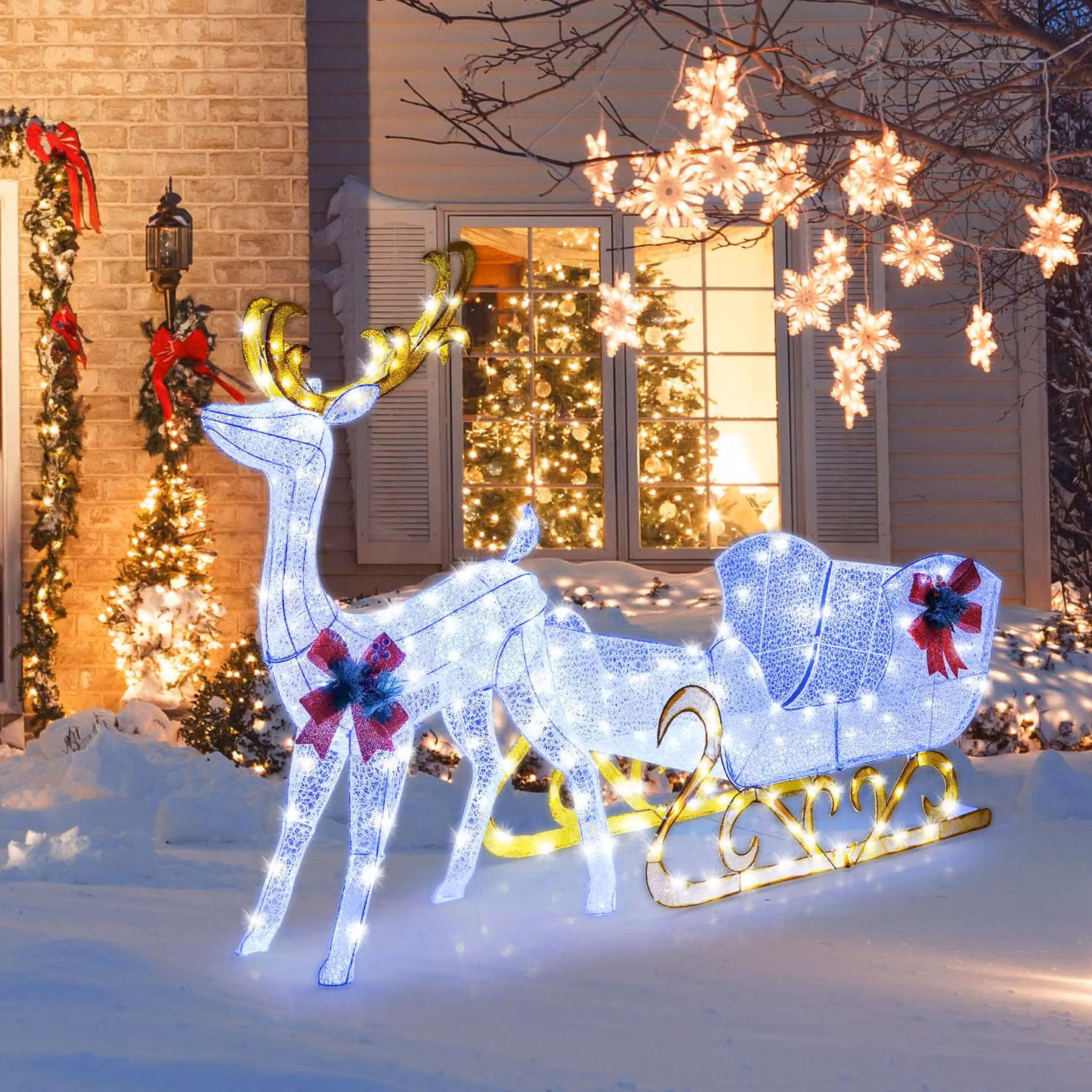 COSTWAY LED renna con slitta, decorazione natalizia, figura natalizia di renna illuminata con 100 luci bianche fredde, illuminazione natalizia