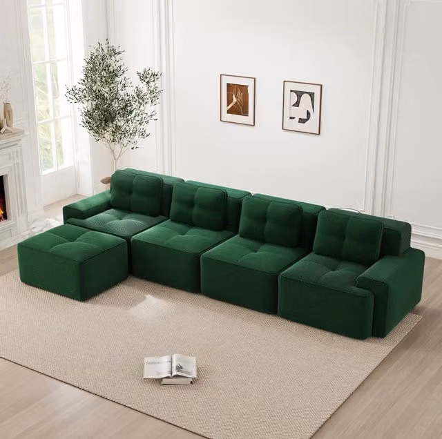 Divano modulare a L 382x177x69 cm in tessuto verde, con chaise longue, senza montaggio –