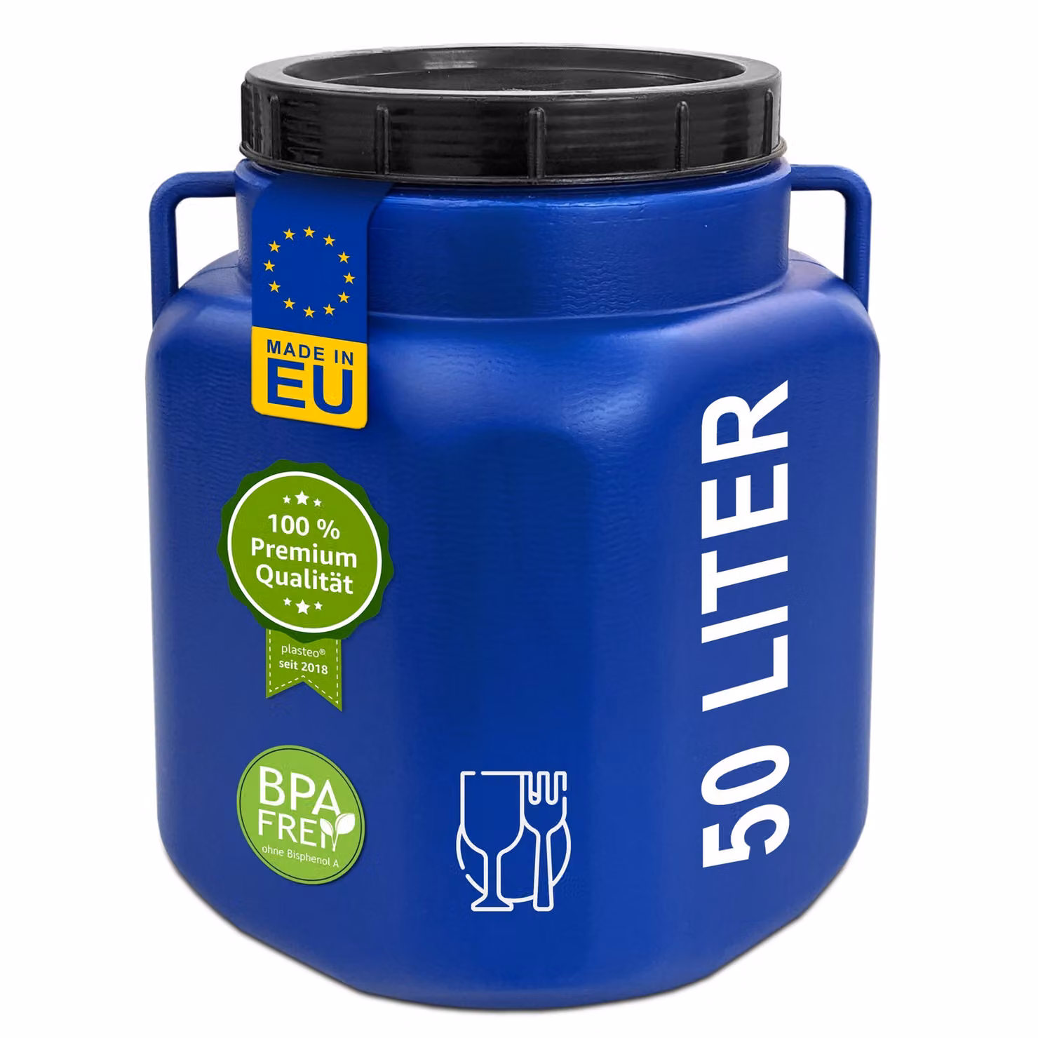 plasteo® 50 litri barile a collo largo con coperchio e maniglie quadrato blu, sicuro per gli alimenti senza BPA, barile per alimentazione barile in plastica barile universale barile con coperchio