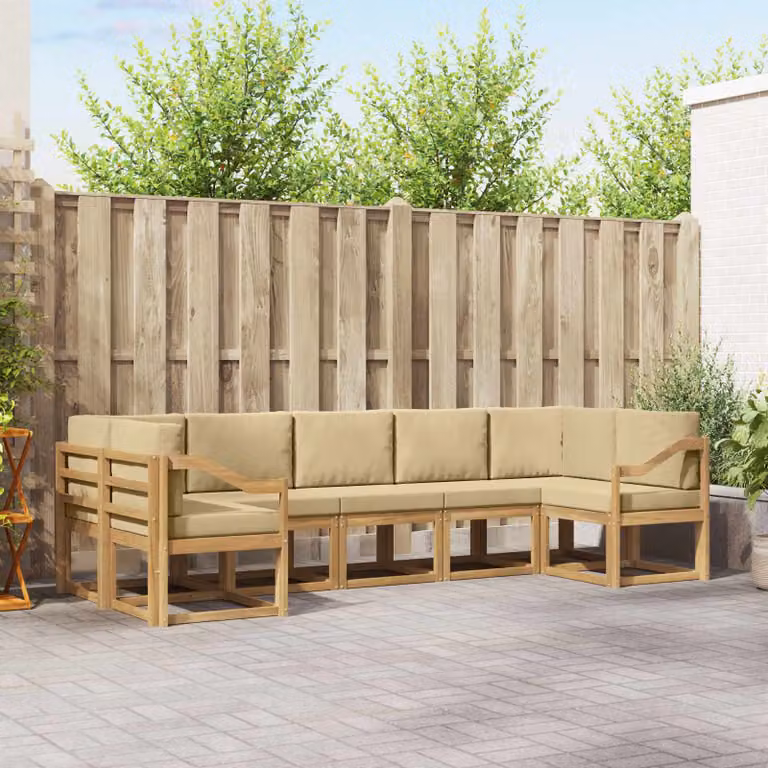 vidaXL Set di divani da esterno a L composto da 7 pezzi in legno di acacia con cuscini, Bianco e Beige