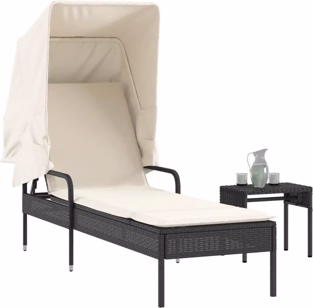 Lettino prendisole con baldacchino e tavolino vidaXL in polyrattan nero e bianco