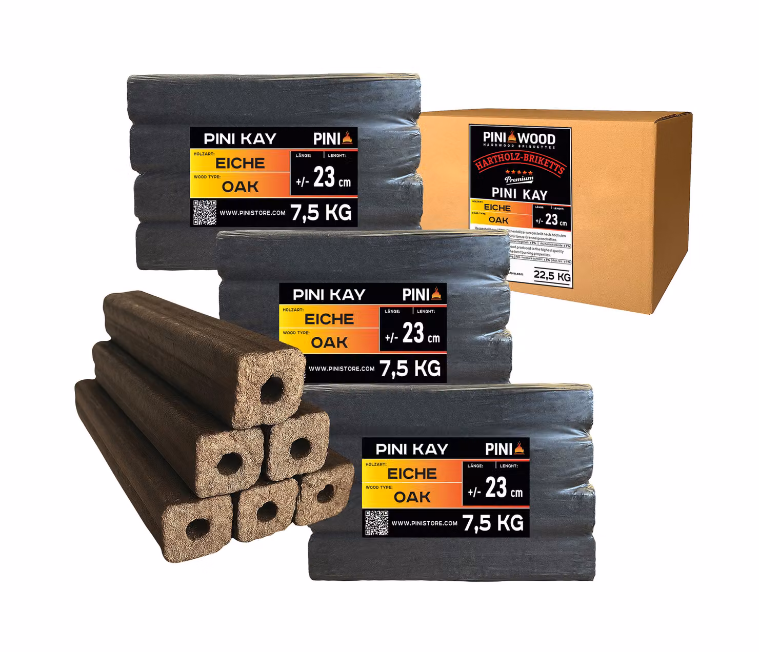 PINI Kay bricchetti di legno di quercia lunghi 23 cm quadrati con foro di estrazione 22,5 kg bricchetti di legno duro legna da ardere bricchetti di legno di quercia stufa camino barbecue
