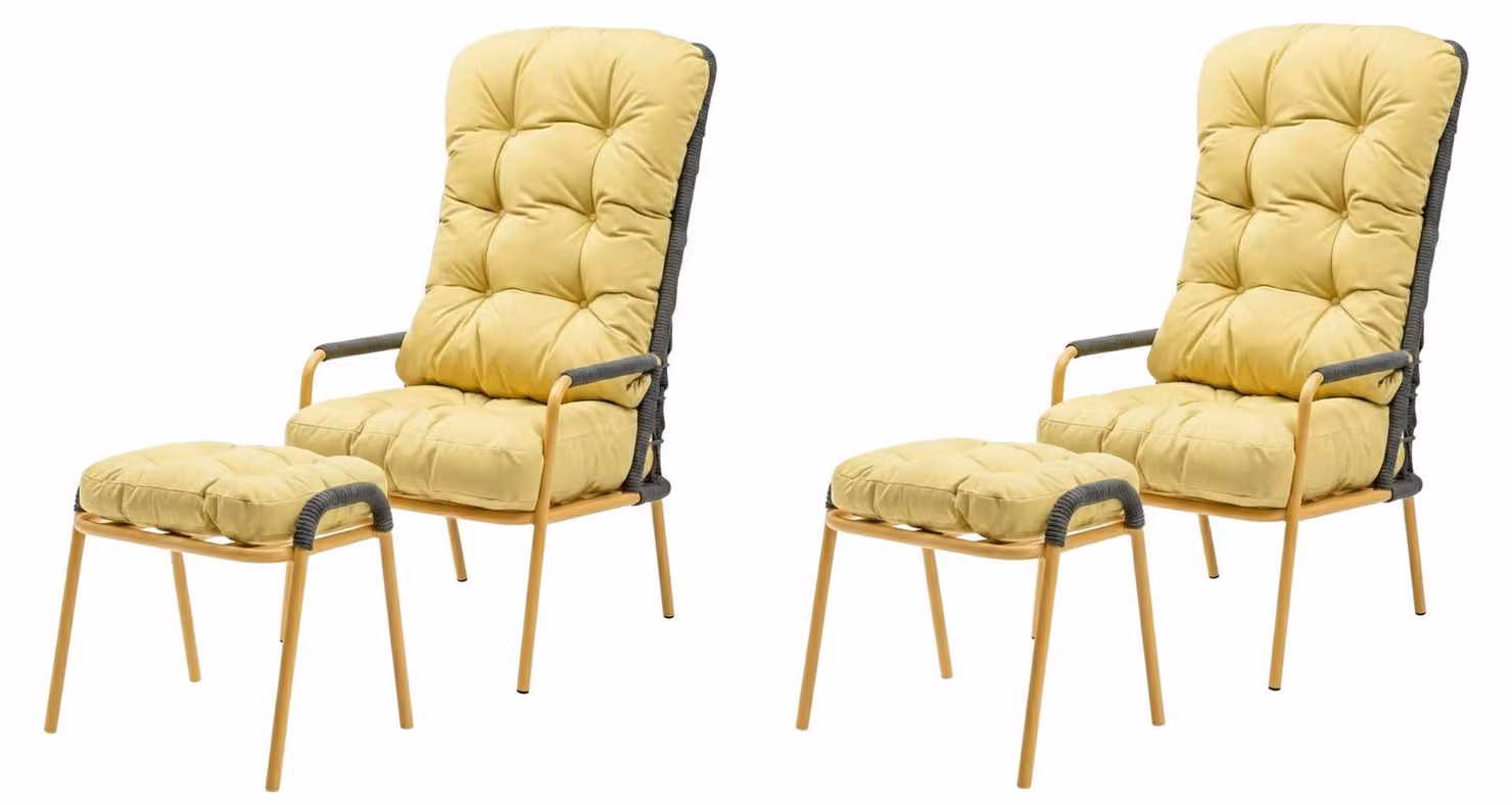 Sedia in stile moderno, colore giallo e nero, schienale alto, struttura in metallo
