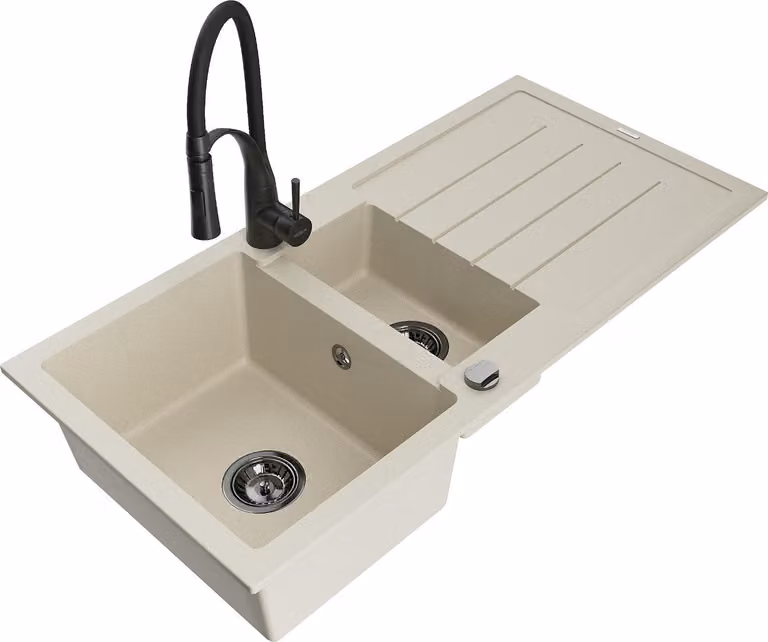 Mexen Andres lavello in granito 1,5 vasca con gocciolatoio e rubinetto da cucina Aster, beige - 6515-69-73450-70-B