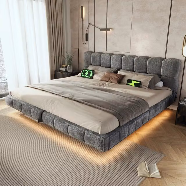 Letto matrimoniale imbottito 180 × 200 cm con contenitore idraulico LED e ricarica USB in ciniglia grigio