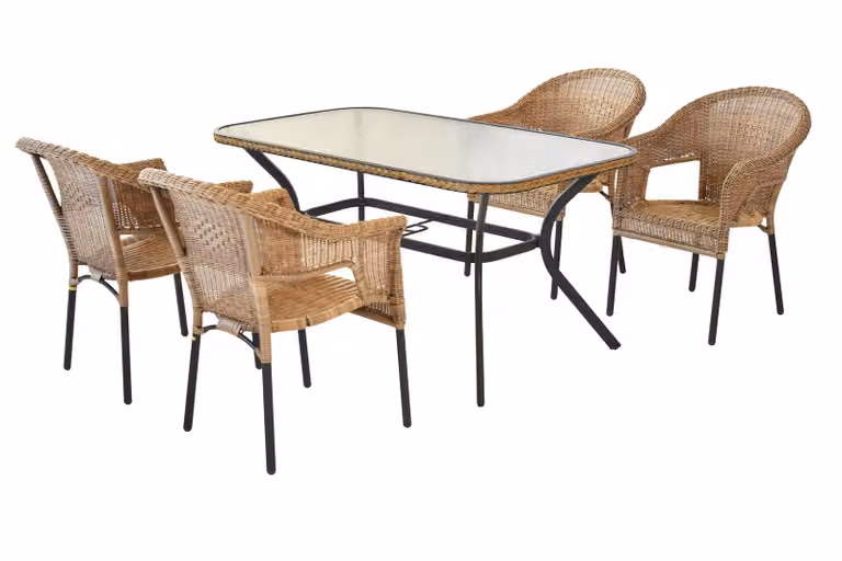 Set di mobili da giardino Merxx Ravenna, 4 sedie impilabili, tavolo 150 x 85 cm, naturale - alluminio/polyrattan