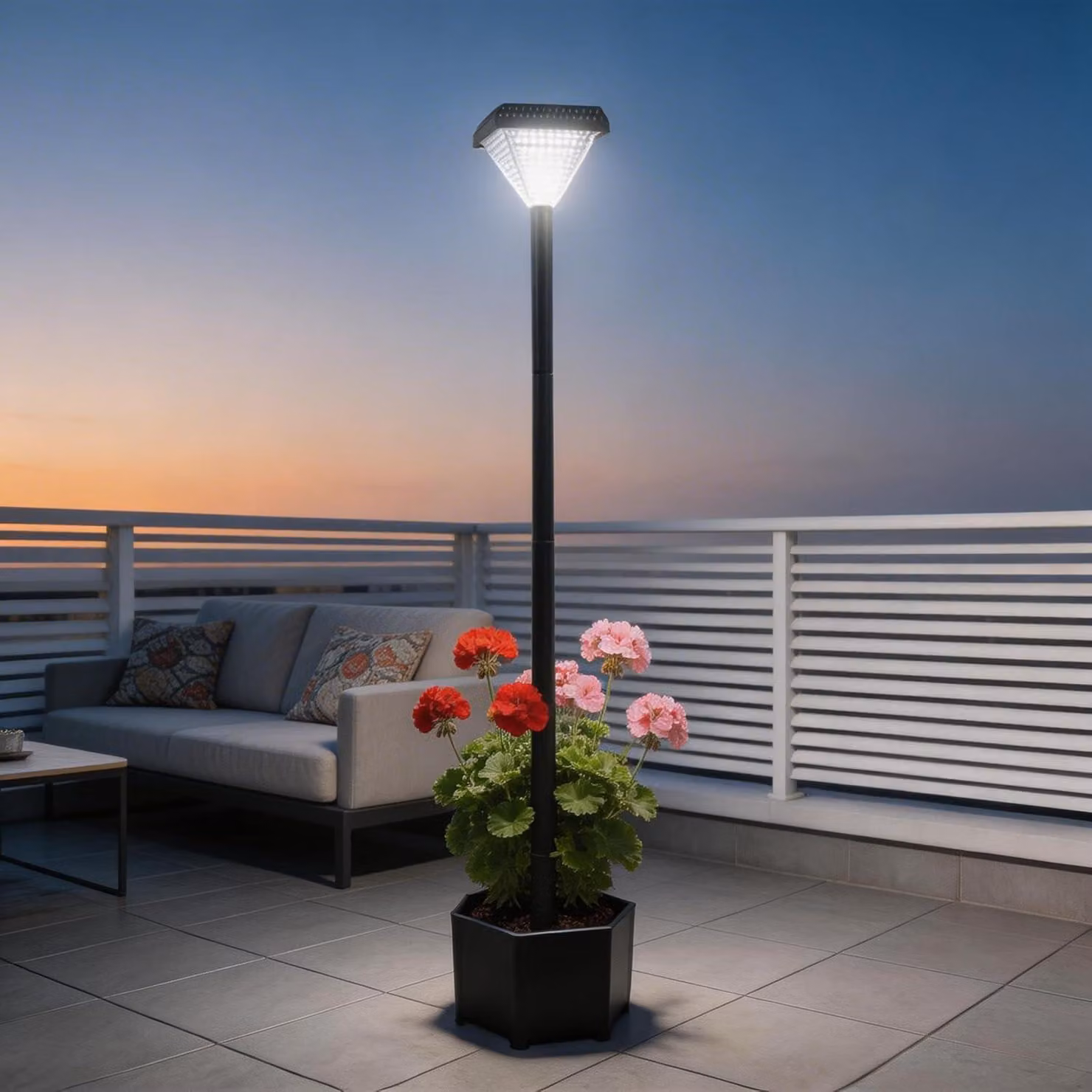 Lanterna solare con vaso per fiori, 138 cm, 2-in-1, luce bianco caldo, resistente alle intemperie