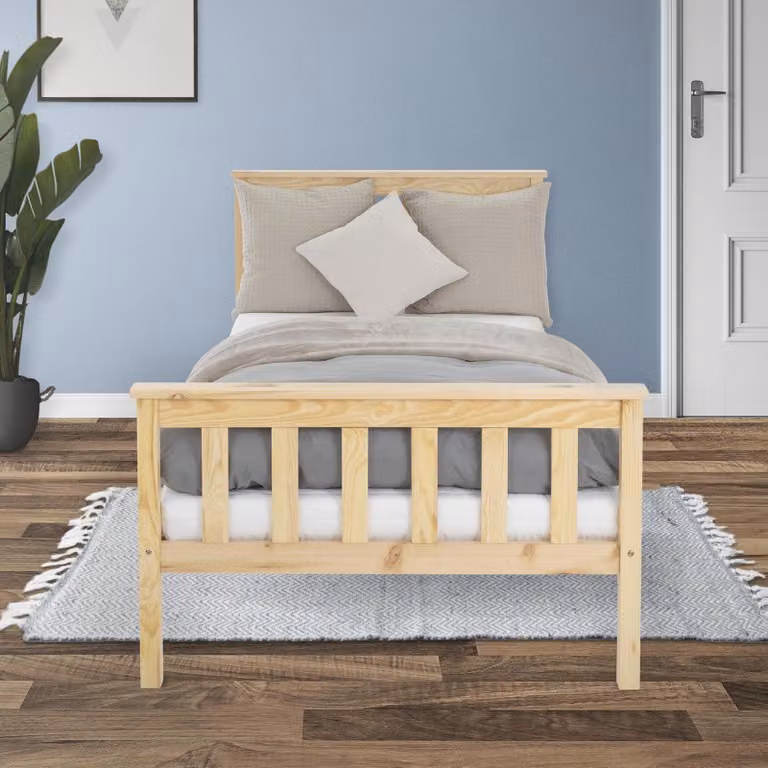 Letto singolo 90x200 cm, in legno massello di pino, completo di rete a doghe