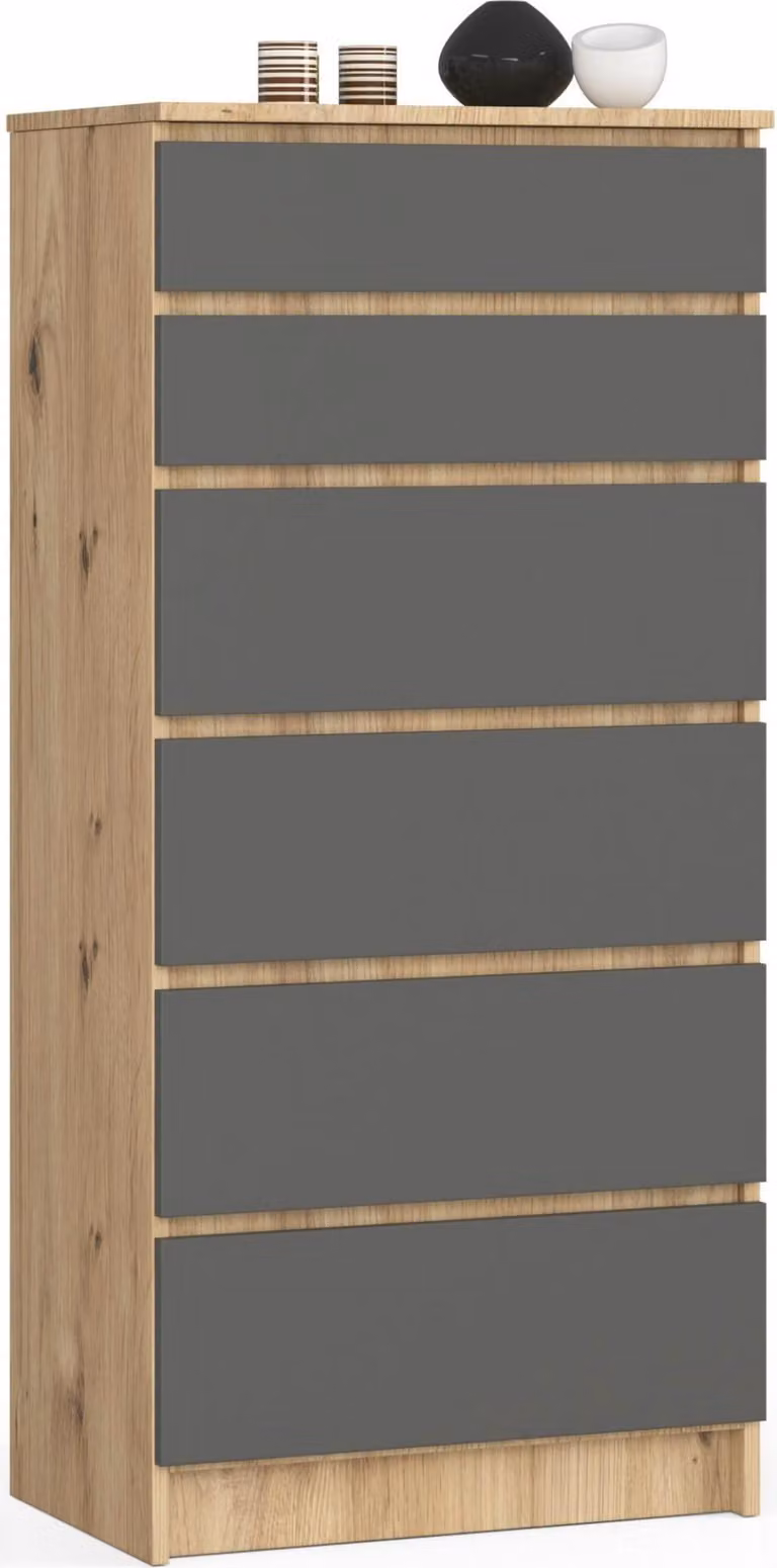 Comò in rovere grigio Artisan con 6 ampi cassetti, larghezza 60 cm, altezza 130 cm. Comò con cassetti, mobile in legno, credenza alta, credenza