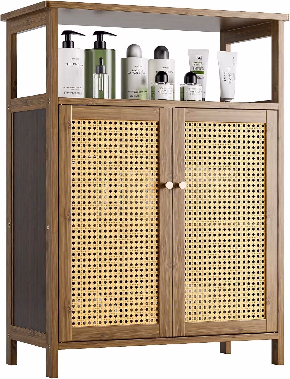 Mobiletto da pavimento per il bagno, organizer da tavolo in bambù con 2 ante in rattan e 1 ripiano, tavolino in legno per ingresso, lavanderia, cucina, soggiorno