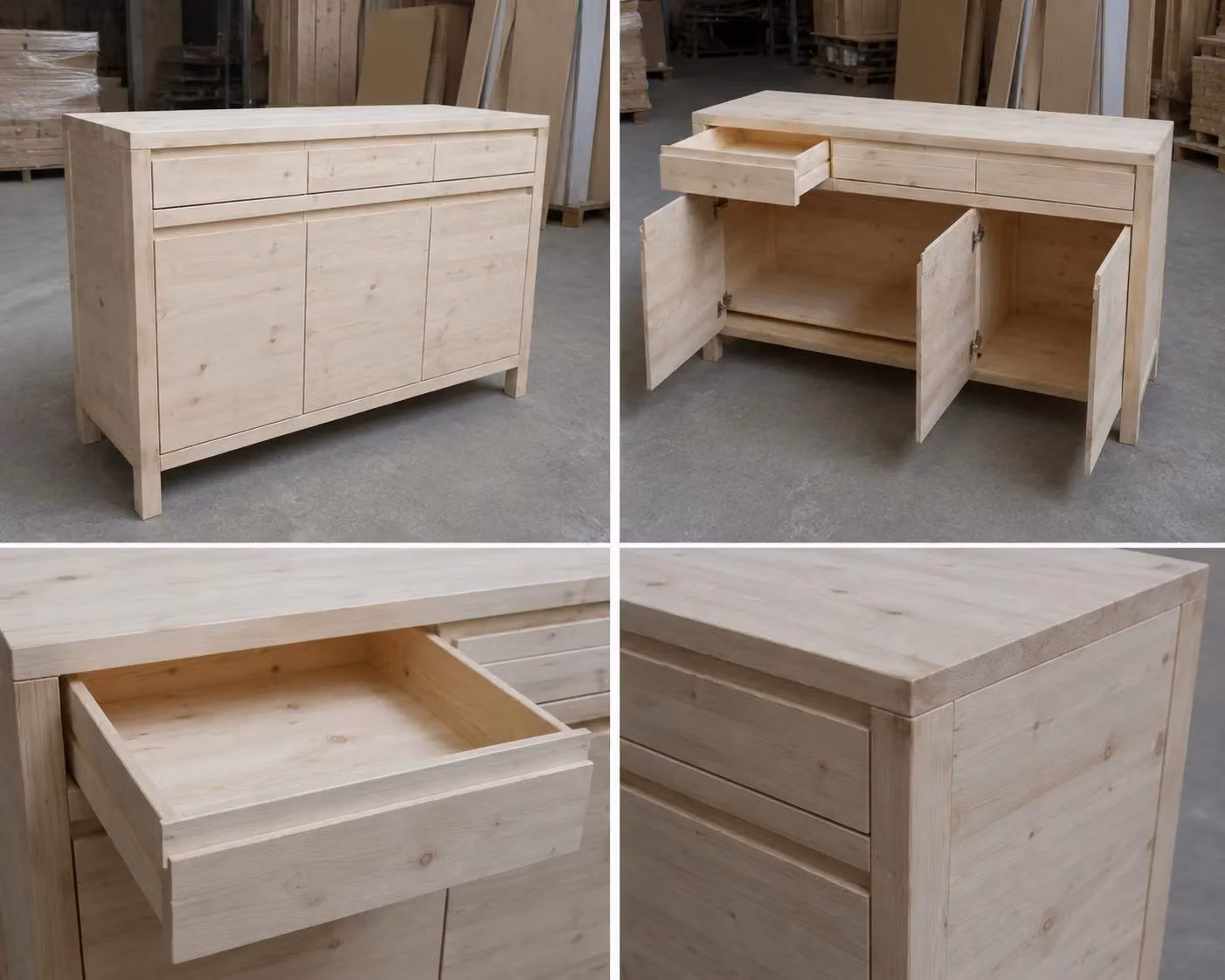 Credenza Mobili 2G con 3 porte e 3 cassetti in legno massello di abete grezzo beige L/P/H: 150 x 50 x 95 cm – 2