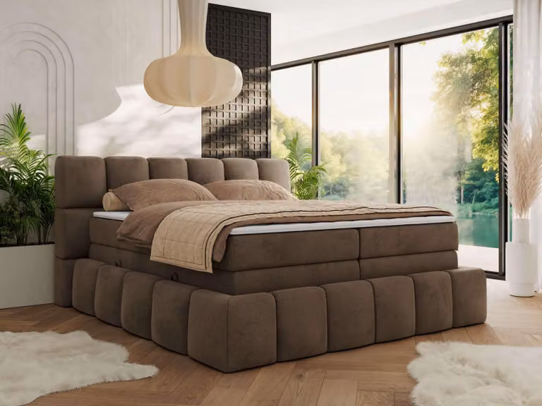 Letto a molle MKS MEBLE 180 x 200 con rete NIRA KING, letto imbottito con materasso multitasche a 7 zone e topper, letto matrimoniale - Velluto marrone - H3