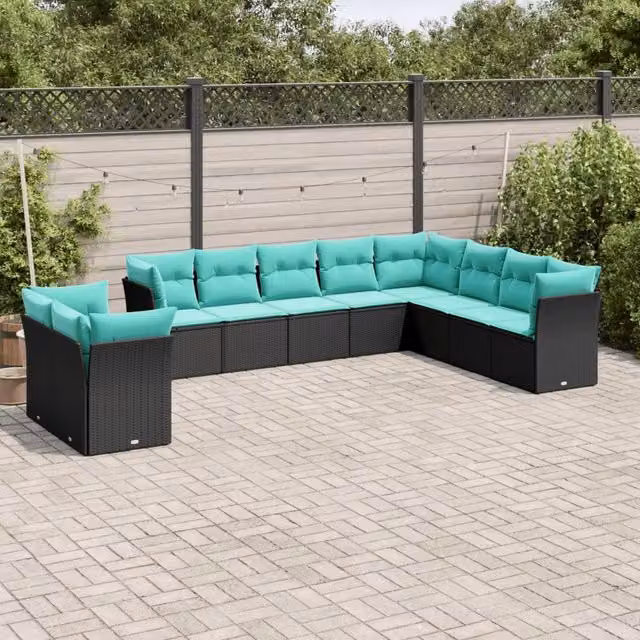 Set Divani da Giardino 10 pz con Cuscini Nero in Polyrattan 3217857