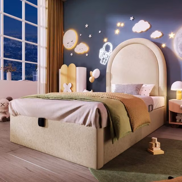 Letto imbottito per bambini con contenitore; testiera semicircolare; 90x190 cm; PU beige