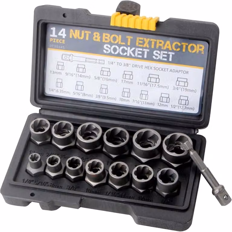 Kit di rimozione di bulloni danneggiati, composto da 14 pezzi, inclusi estrattori di viti da 6,35 a 19 mm