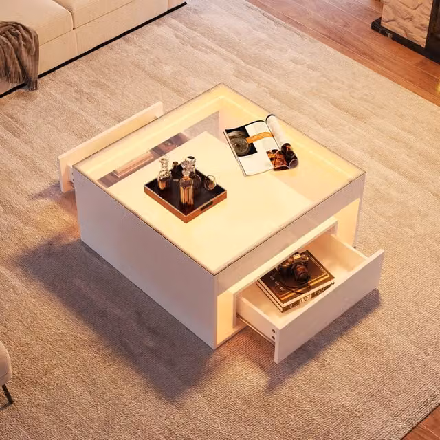 Tavolino basso fisso con illuminazione LED; piano in vetro temperato; vano centrale; MDF bianco 70 × 70 × 35 cm