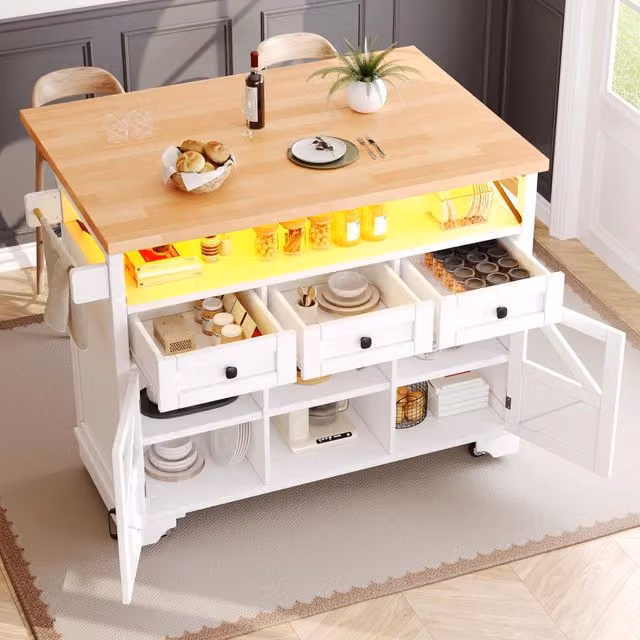 Carrello da cucina mobile OKWISH moderno con piano estraibile pieghevole, in MDF e metallo, colore bianco, L: 120 cm, P: 49 cm, H: 98 cm