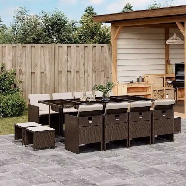Set da Pranzo da Giardino 13pz con Cuscini Marrone Polyrattan 3210621