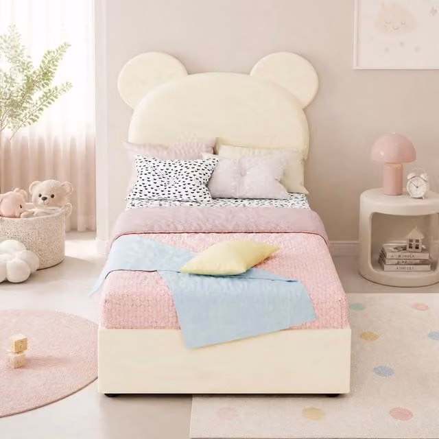 Letto imbottito 90 x 200 cm con vano contenitore a sollevamento pneumatico; beige