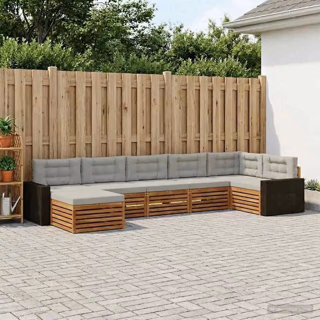 Set di divani da esterno a L vidaXL in legno di acacia con 7 pezzi, beige e grigio – 1