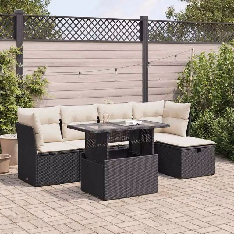Set Divano da Giardino vidaXL 6 pz in Polyrattan Nero con Cuscini e Tavolino da Esterno