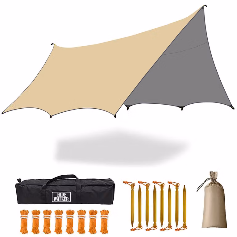 Telo per campeggio, amaca, copertura, 5,1 x 5,5 metri, impermeabile, esagonale, color kaki, per 8-10 persone