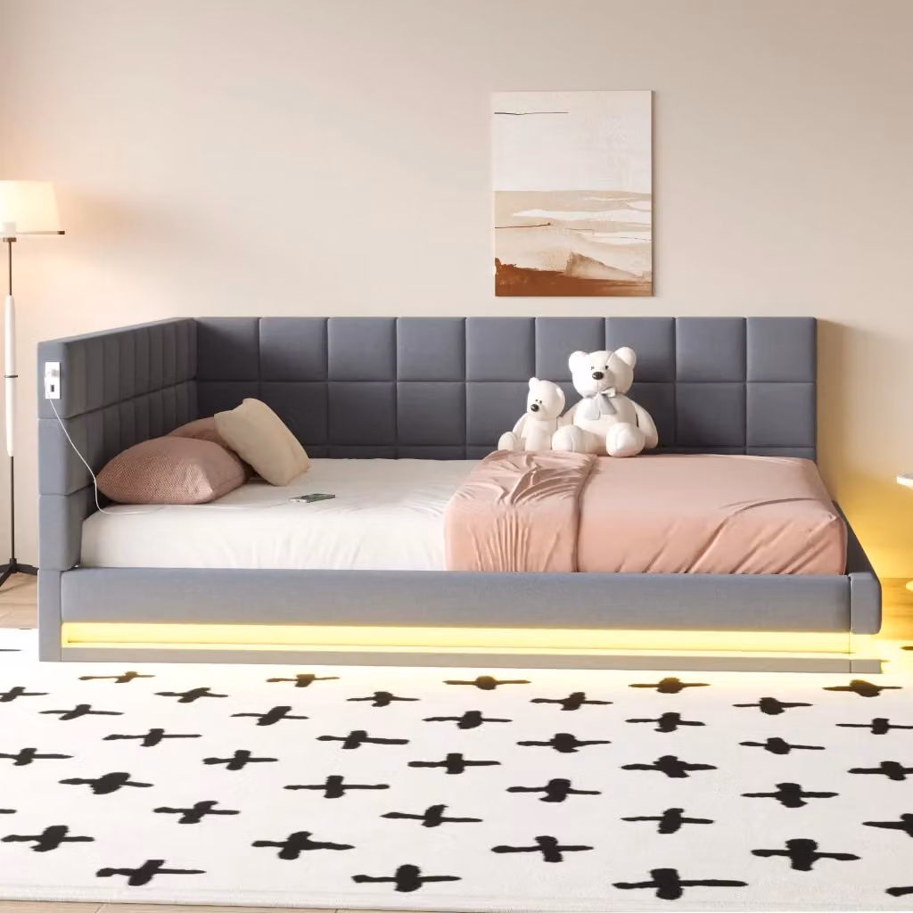 Letto divano matrimoniale OKWISH in tessuto di lino grigio con illuminazione LED e porta USB, L/P/H: 206 x 160 x 63 cm – 2