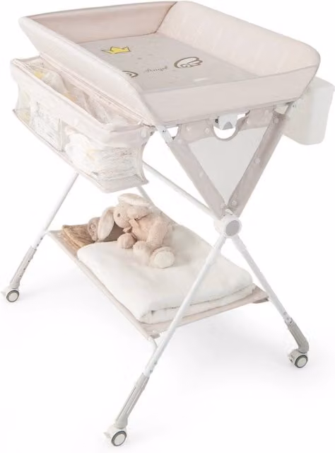 Fasciatoio per neonati Design Mania con ruote, 3 altezze regolabili e cintura di sicurezza, Beige