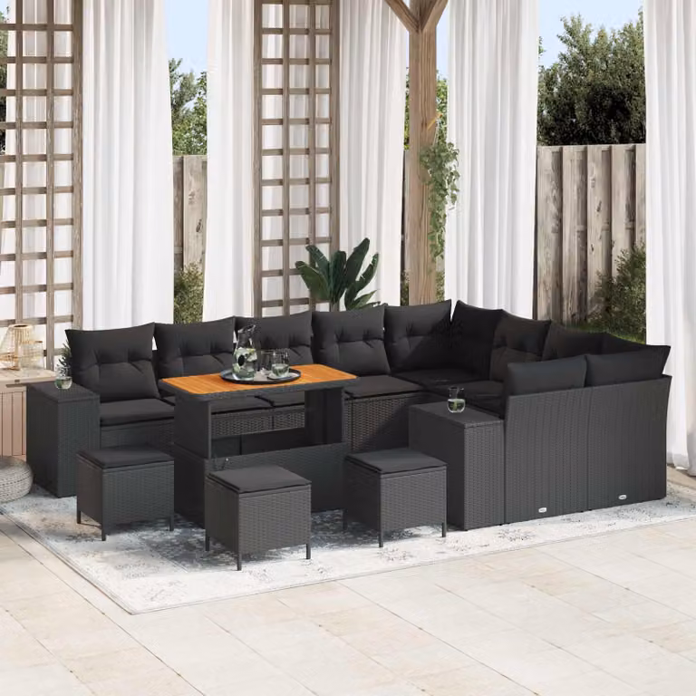 Set Divano da Giardino vidaXL 13 Pezzi Nero con Cuscini e Tavolino in Polyrattan e Acciaio