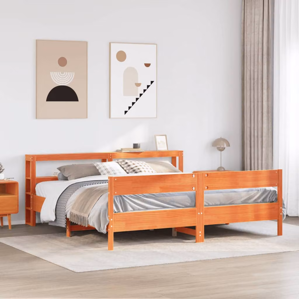 vidaXL Letto in Legno di Pino Rustico Marrone Cera con Ripiani Laterali L/P/H: 180 x 200 x 82 cm