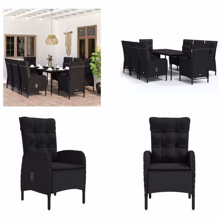 vidaXL Set da pranzo da giardino 9 pezzi con cuscini nero - Set da pranzo da giardino - Gruppi da pranzo da giardino - Set di mobili da giardino - Set di mobili da giardino