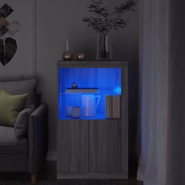 Armadietto moderno vidaXL con luci LED integrate in legno e vetro, colore grigio, da appendere a parete – 1