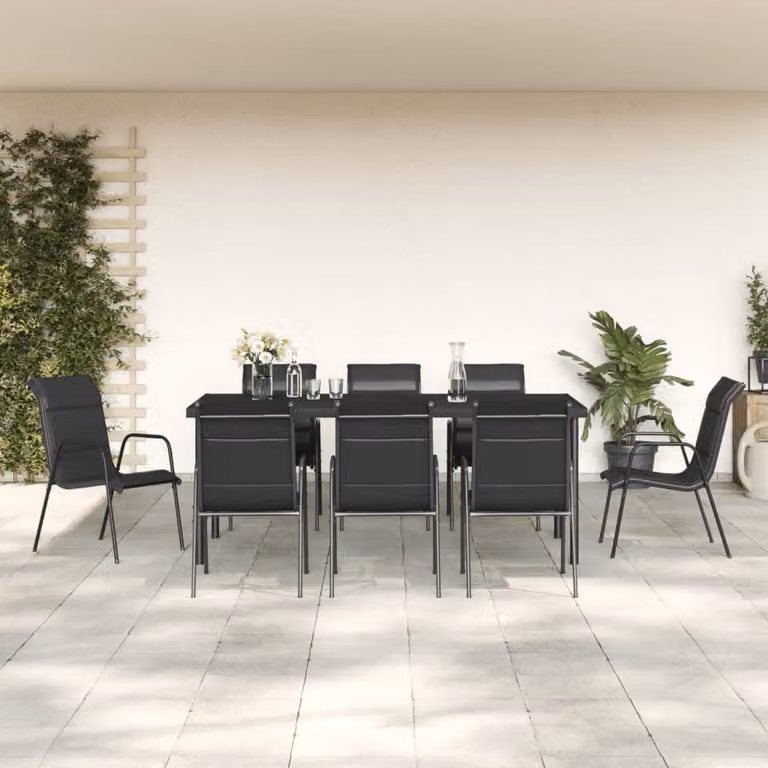 Set da pranzo da giardino vidaXL in acciaio verniciato a polvere e vetro, 9 pezzi, colore nero antracite, L: 190 cm, P: 110 cm, H: 74 cm