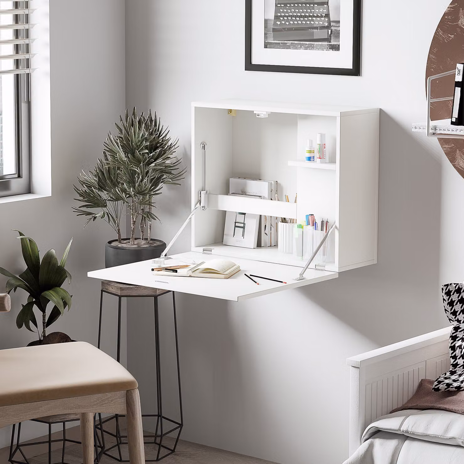 Scrivania a muro pieghevole HOMCOM con ripiani, modello moderno in MDF bianco, L 60 x P 21.5 x H 50 cm – 2