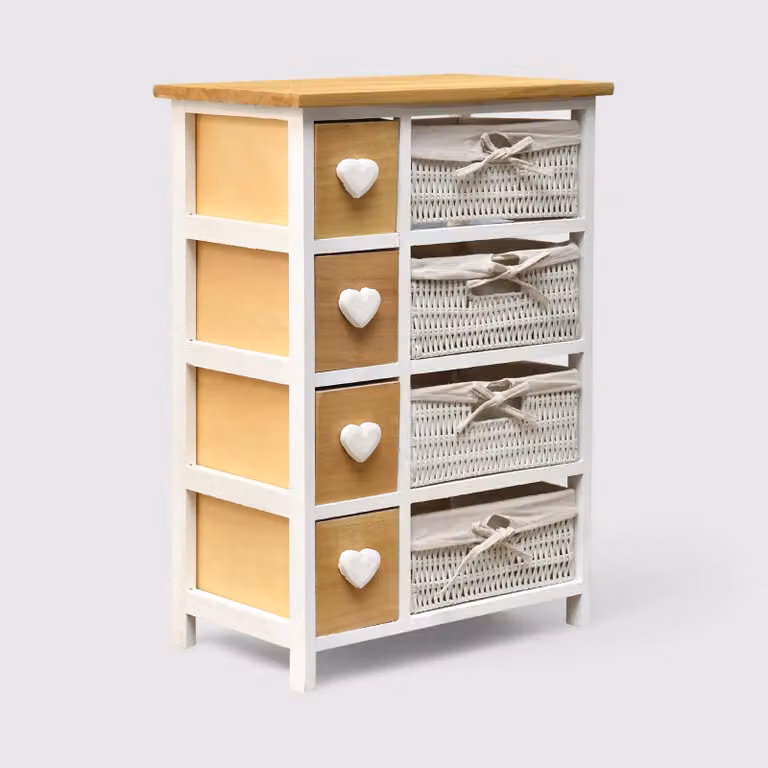 Calendula - Cassettiera shabby bianca con 4 cassetti e 4 cestini