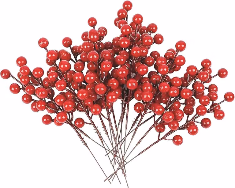 Rami decorativi con bacche rosse lucide, confezione da 30 pezzi, ideali per decorare l'albero di Natale
