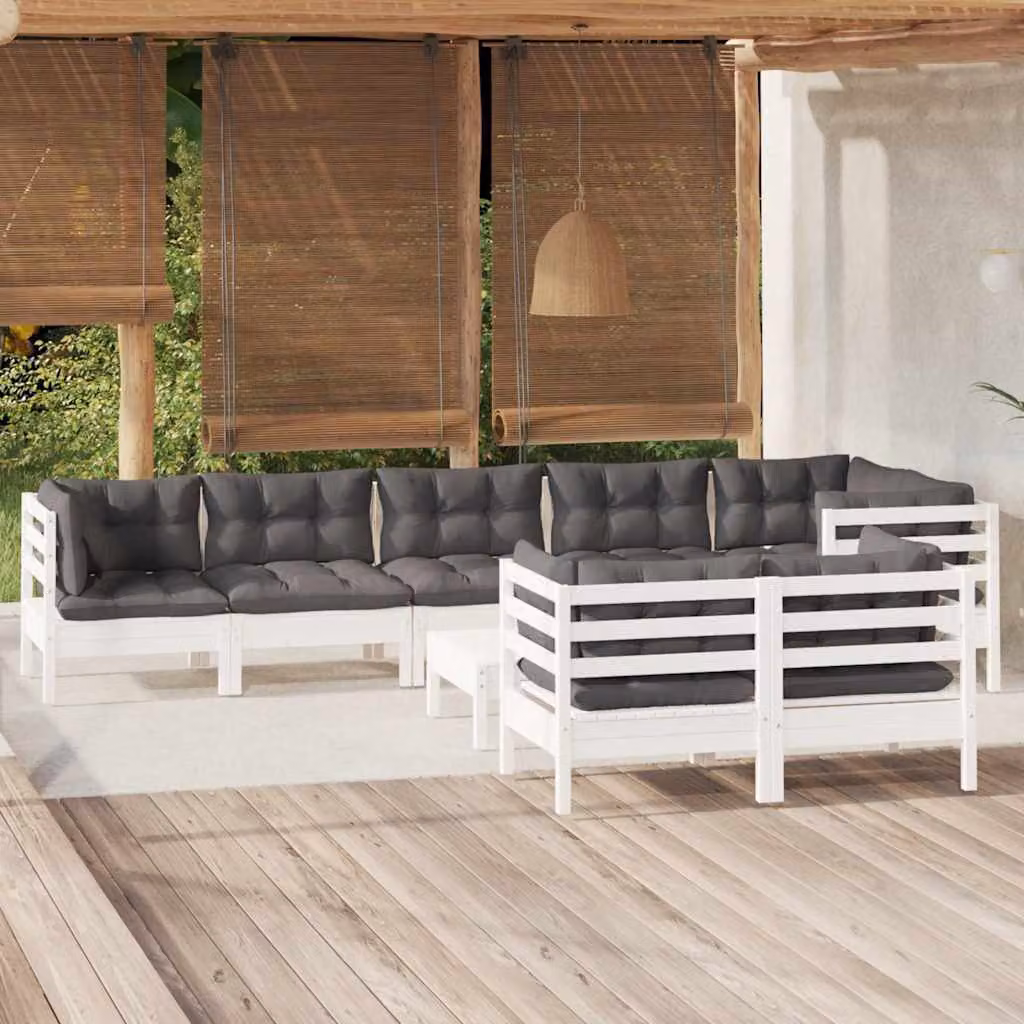 Set Divani da Giardino vidaXL 9 pz a Forma a L con Cuscini in Tessuto, Struttura in Legno di Pino Trattato, Colore Bianco, Antracite e Grigio