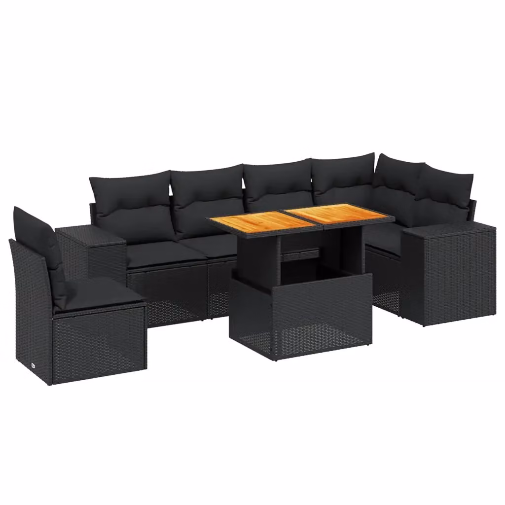 vidaXL Set Divano da Giardino a L con Cuscini 7pz Nero in Polyrattan e Legno di Acacia – 2