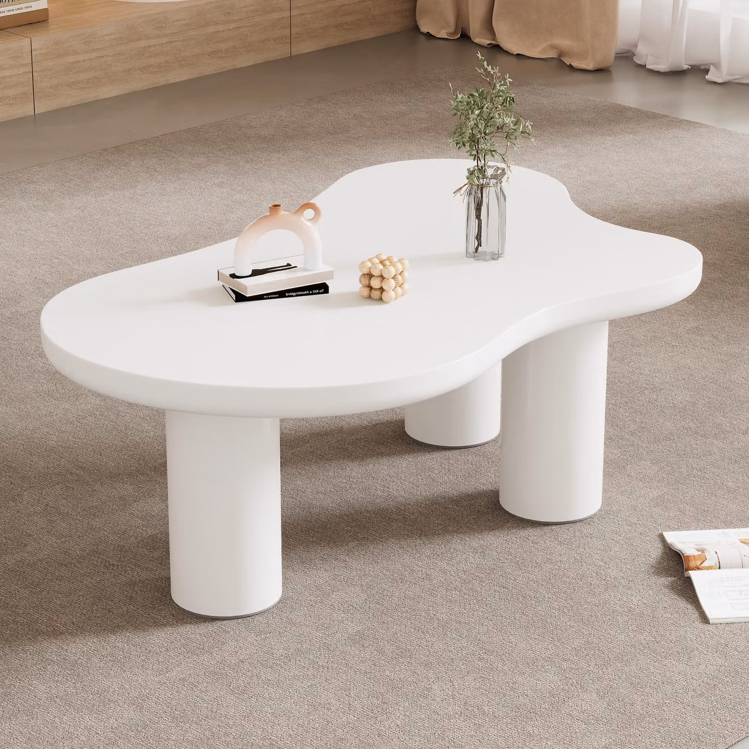 Tavolino Merax a forma di nuvola 107x66 cm - tavolino di design in MDF, con angoli arrotondati e 3 robuste gambe cilindriche, bianco