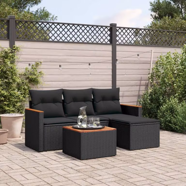 Set di Divani da Giardino vidaXL 5 Pezzi in Polyrattan Nero con Cuscini e Tavolino da Esterno