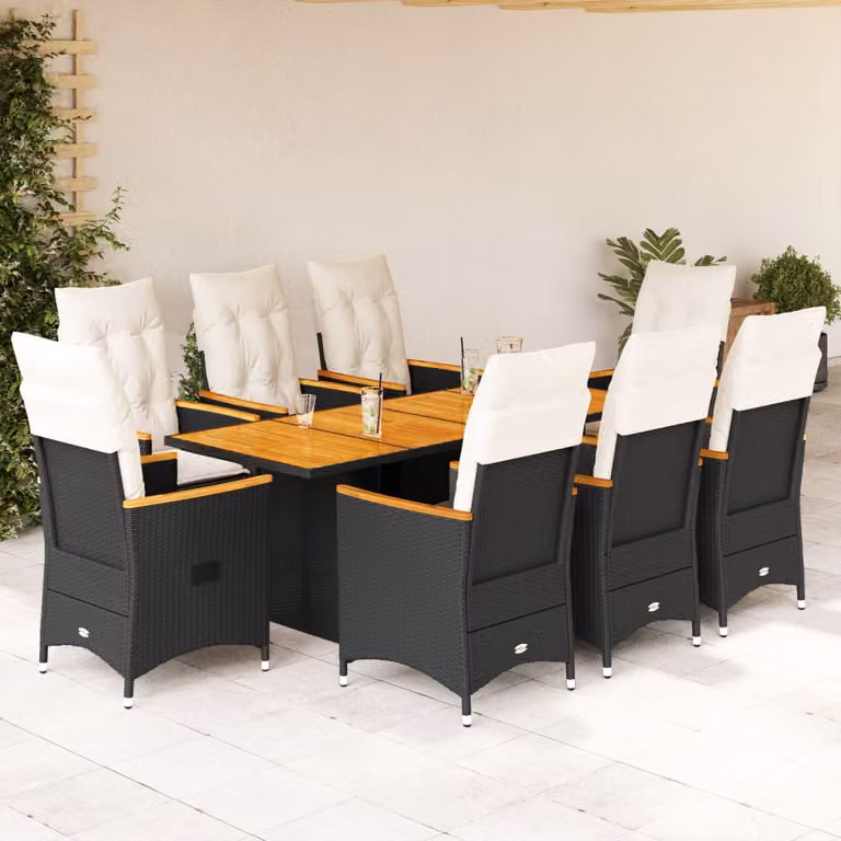 Set da pranzo da giardino vidaXL in polyrattan e legno di acacia con 9 pezzi e cuscini nero