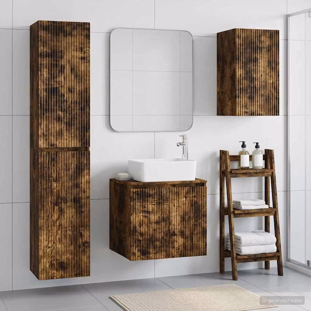 Set di mobili per il bagno vidaXL 3 pezzi in legno marrone Rovere Fumo, L/P/H: 33 x 34,5 x 160 cm