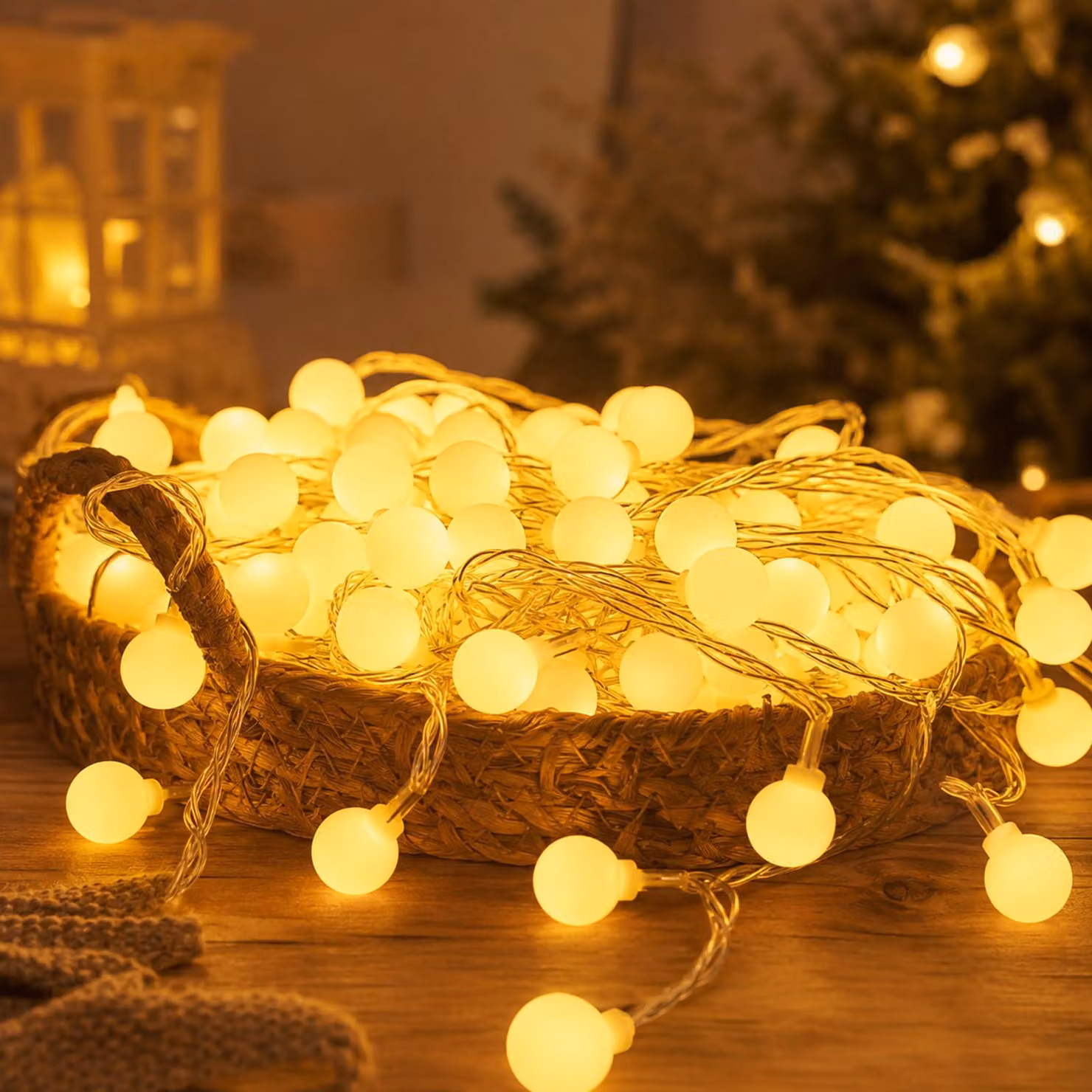 Catena luminosa da 3 metri, 20 LED, luce bianco caldo, con palline di cotone, alimentazione USB