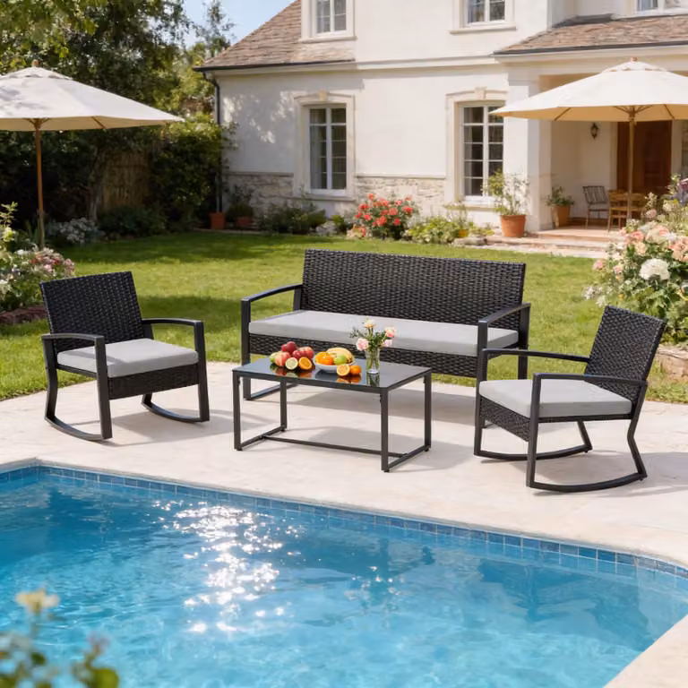 Set di mobili da giardino BEALIFE WR310, composto da 4 pezzi: un tavolo da giardino, 3 sedie in rattan di PE e un tavolino in vetro. Ideale per terrazza e balcone. Colore: nero/khaki